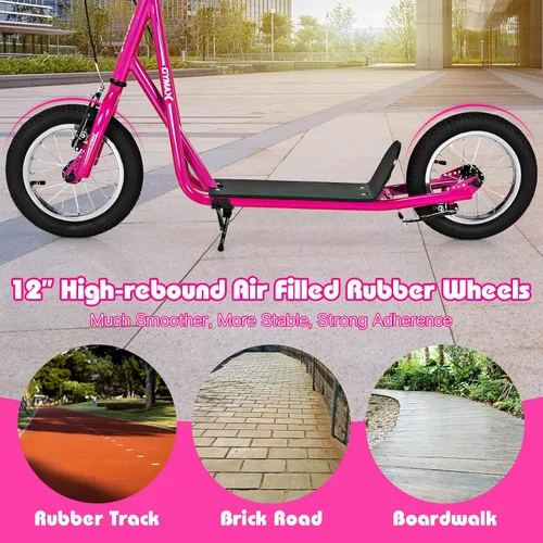 Vista 6 de GYMAX Patinete todoterreno para niños y adultos con ruedas inflables de 12 pulgadas, manillar de altura ajustable, frenos de mano tipo V y clavijas
