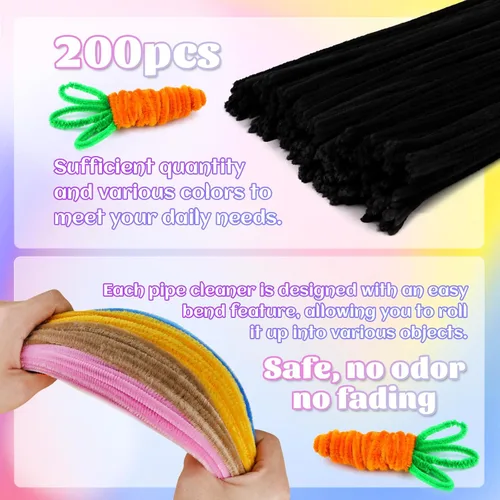 Vista 3 de LOKUNN Limpiadores de Tubo, 200 Piezas de Limpiadores de Tubo Negros, Conjunto de Artesanía de Color Sólido de Chenilla, Artes y Manualidades DIY