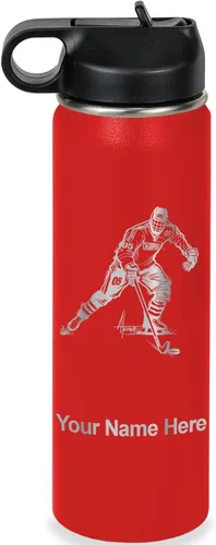 Vista 34 de LaserGram Botella de agua personalizada, jugador de hockey, acero inoxidable de doble pared aislada al vacío con popote superior, regalo grabado