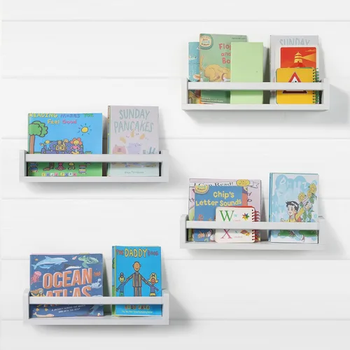 Vista 9 de Juego de 4 estantes flotantes de madera para habitación de niños, estante de libros para guardería, estante de especias de cocina (carbonizado)