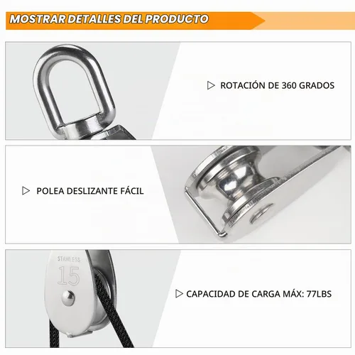 Vista 3 de LAIWOO M15 - Bloque de polea de acero inoxidable resistente, cuerda y ganchos, paquete de 2