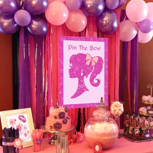 Vista 2 de Suministros de fiesta de niña rosa, lindo pin de princesa con lazo en la cabeza, póster grande con 24 calcomanías de lazo, recuerdos para fiesta