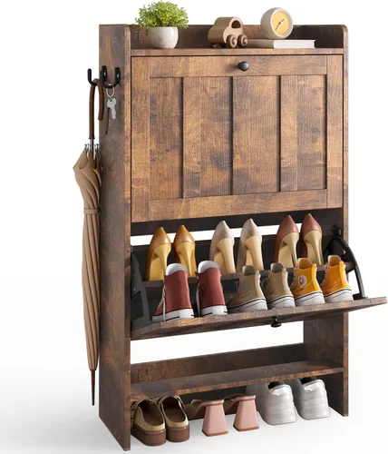 Vista 10 de Gizoon Gabinete para zapatos con almacenamiento abierto, gabinete para zapatos para entrada, estante estrecho independiente con 2 cajones abatibles