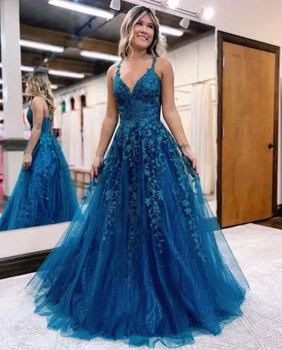 Vista 2 de Vestido de fiesta con apliques de encaje para mujer, largo 2024, tul con purpurina, tirantes delgados, cuello en V, vestido de fiesta formal