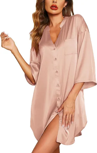 Vista 27 de Ekouaer Camisones de satén para mujer, ropa de dormir de seda con botones, manga 3/4, cuello en V, con bolsillos 01 Negro
