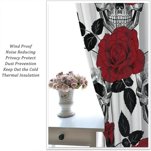 Vista 5 de Cortinas de cabeza de calavera, calavera blanca y rosas rojas con ramas y hojas negras, cortinas opacas decorativas para sala de estar, dormitorio