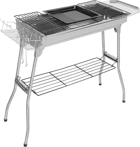 Vista 9 de Parrillas de carbón portátiles, brocheta de cordero plegable para jardín, patio, fiesta, picnic, viajes, hogar, cocina al aire libre, 28 x 13 x 27