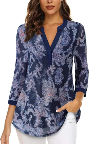 Vista 27 de Timeson - Blusas de manga de 3/4 para mujer, estilo casual, con cuello en V, camisas largas de vestir de doble capa, de malla Negro