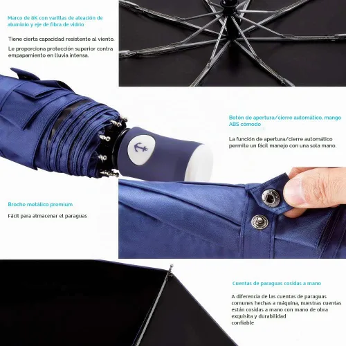 Vista 5 de DBA FDJASGY - Parasol DBA de sol, compacto, plegable, de viaje, auto abrir y cerrar a prueba de viento, lluvia y 99,9 % de protección UV, con Azul