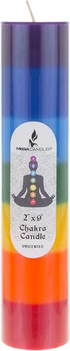 Vista 2 de Mega Candles 1 vela de chakra de pilar sólido multicolor sin perfume, vertida a mano, vela de cera de alta calidad de 2 x 9 pulgadas, mecha 100%