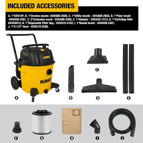 Vista 9 de DEWALT DXV14P Aspiradora para tienda en húmedo y seco de 14 galones, aspiradora en húmedo y seco de 6 HP con 110 CFM de potente succión, amarilla