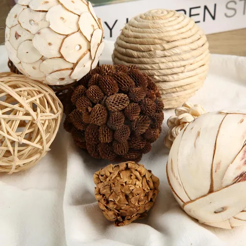 Vista 7 de Bolas decorativas para llenar cuencos y jarrones para decoración del hogar, juego de 6 piezas de bolas de ratán natural en tonos rústicos, centros
