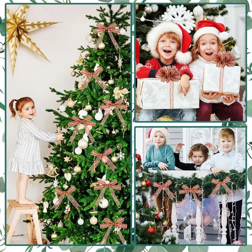 Vista 6 de Rtteri Rollo de cinta de arpillera de Navidad de 98.4 pies, saco de arpillera roja, cuerda de lino a rayas naturales para manualidades, corona