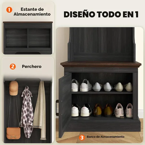 Vista 3 de HOMCOM Árbol de pasillo con almacenamiento de zapatos, perchero de entrada Grano de madera negro