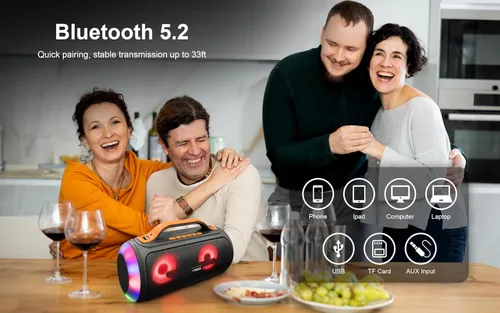 Vista 3 de Fisher Altavoces Bluetooth, altavoz inalámbrico portátil de 20 W de potencia máxima Boombox con sonido HD y luces, resistente al agua, tiempo