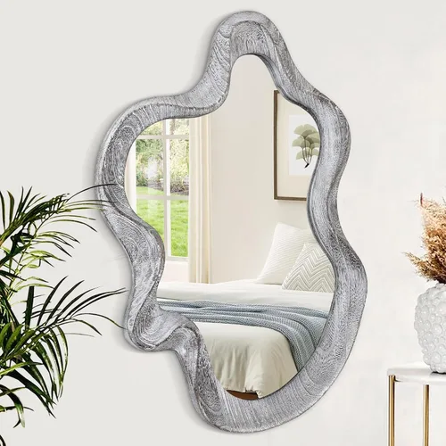 Vista 16 de Espejo asimétrico para decoración de pared, grande, moderno, ondulado, con marco de madera, espejo de pared con forma única montado en pared