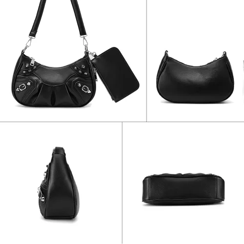 Vista 3 de Bolso de hombro pequeño para mujer, con cadena plateada, moneda extraíble, con cremallera, correa cruzada