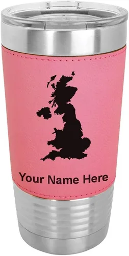 Vista 13 de LaserGram 20oz Vacuum Insulated Tumbler Mug, Country Silhouette United Kingdom, Personalized Engraving Included (Faux Leather, Baseball Style)