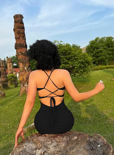Vista 6 de DAAWENXI Vestido corto sexy para mujer con tirantes delgados sin mangas fruncido con tirantes delgados ajustado para discoteca