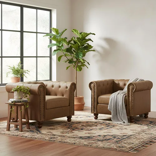 Vista 3 de Air - Silla Chesterfield de cuero, sofá individual copetudo para sala de estar, sillón decorativo con ribete de cabeza de clavo
