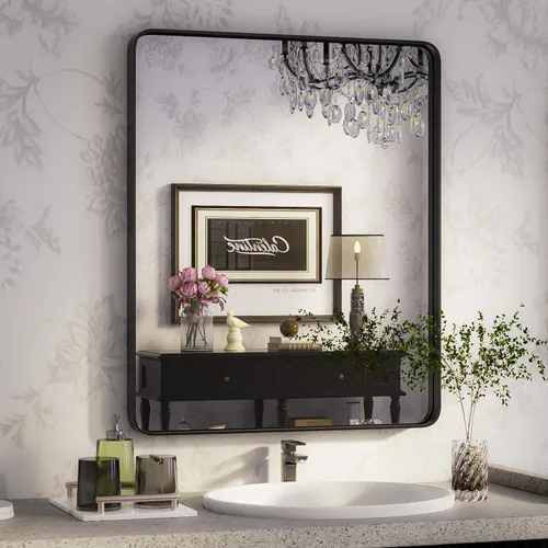 Vista 29 de ISKM Espejo con marco negro para pared de 20 x 16 pulgadas, espejo de tocador de baño antioxidante, vidrio templado, espejo rectangular redondeado