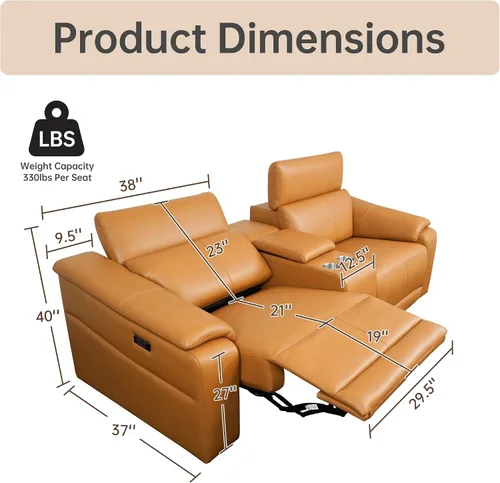 Vista 2 de Sofá reclinable eléctrico de dos plazas, sofá modular reclinable con reposacabezas ajustable y reclinable eléctrico, cuero transpirable con consola