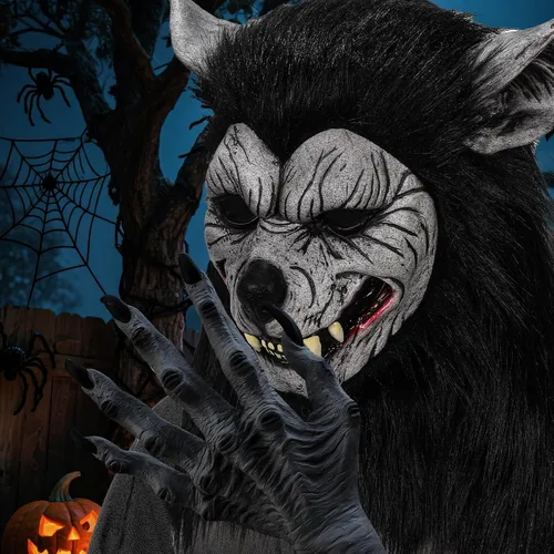 Vista 7 de Máscara de hombre lobo, guantes de garra, disfraz de lobo de terror