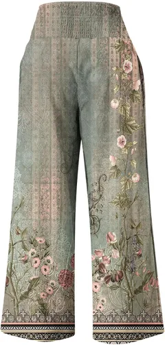 Vista 5 de Mittory Pantalones de pierna ancha para mujer, estilo casual, estampado de moda, cintura alta, elásticos, palazzo