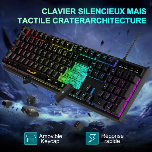 Vista 3 de RaceGT AZERTY - Teclado y mouse para juegos, teclado y mouse con cable, teclado retroiluminado ergonómico, teclado silencioso para PC con teclado