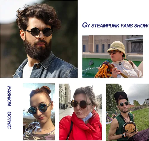 Vista 6 de Gafas de sol polarizadas Steampunk para hombres, estilo gótico redondo, marco circular de metal