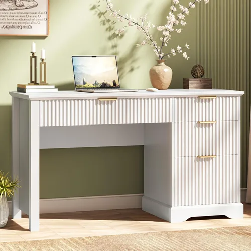Vista 11 de Vabches Escritorio ejecutivo acanalado con cajones, escritorio de madera para computadora con amplio cajón de archivos, escritorio de oficina