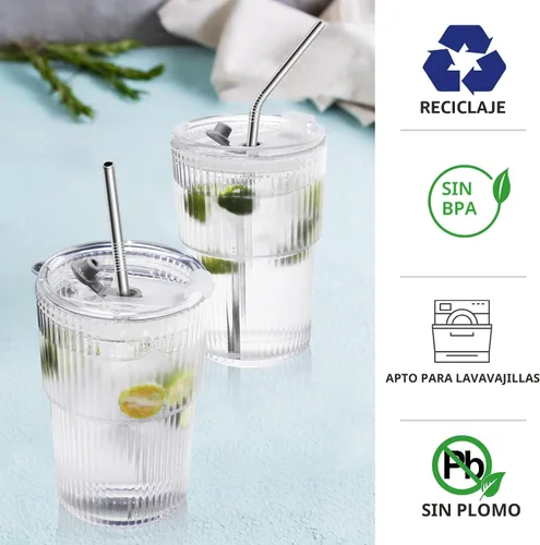 Vista 2 de Juego de 2 tazas de café helado con tapas y pajitas, vasos de plástico irrompibles de 16 onzas para bebidas reutilizables vaso de café helado