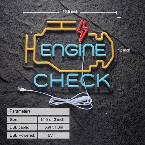 Vista 2 de Letrero de neón Check Engine para decoración de pared de garaje, letreros de neón Check Engine para taller de reparación de automóviles con letreros