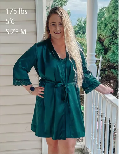 Vista 2 de Ekouaer Camisón de satén para mujer, conjunto de 2 piezas, ropa de dormir sexy de encaje