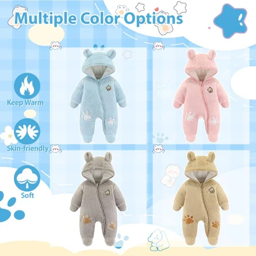 Vista 8 de Fairy Baby Traje de nieve para bebé recién nacido, con oso y mameluco de forro polar grueso, abrigo infantil para niñas y niños de 0 a 12 meses
