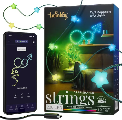 Vista 13 de Twinkly Strings - Cadena de luces en forma de vela USB-C con 100 LED RGB, 20 pies. Cable verde. Controlado por aplicación. Alimentado por USB-C.
