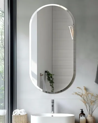 Vista 22 de Espejo de pared ovalado sin marco: Espejo decorativo elíptico de vidrio espejado para tocador con borde plateado biselado para baño, dormitorio