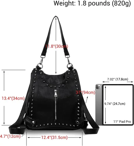Vista 6 de Mochila de cuero para mujer, diseño de moda, de viaje, convertible, con borla, estilo acolchado, 01 Negro, Tachuelas