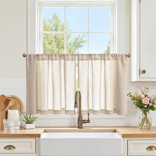 Vista 14 de Jinchan - Cortinas de cocina de lino rústico beige con bolsillo para barra, 26 x 36 pulgadas, 2 paneles