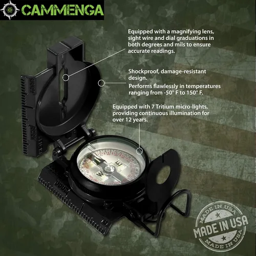 Vista 3 de Cammenga Brújula Lensática de Tritio Oficial del Ejército de EE. UU., Brújulas de Mano Impermeables y Precisas con Funda para Senderismo, Camping