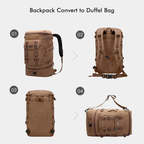 Vista 3 de WITZMAN Mochila de viaje para hombres y mujeres, mochila de lona para llevar en el equipaje, mochila convertible grande, Marrón, Mochilas de viaje