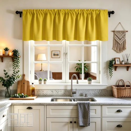 Vista 21 de Cenefa Beige Oscurecedora para Ventana, Cortina Corta con Bolsillo para Barra, Cenefa Primitiva para Sala de Estar, Baño, Guardería, Cocina, Ventana