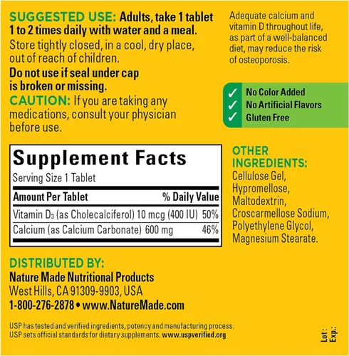 Vista 6 de Nature Made Calcio 600 mg con vitamina D3, suplemento dietético para apoyo óseo, 220 tabletas - Paquete de 2