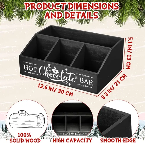 Vista 2 de Barydat Barra de Chocolate Caliente Navideño Estación de Café de Madera Organizador de Encimera con 4 Compartimentos Barra de Café Soporte Negro