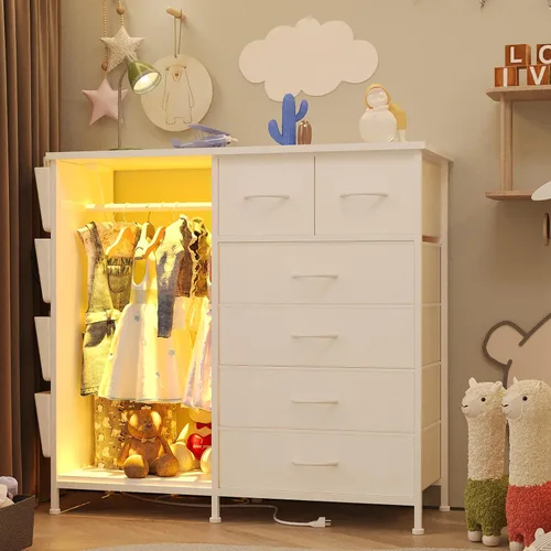 Vista 9 de Cómoda de 6 cajones para dormitorio con perchero para ropa, cómoda para ropa con bolsillos laterales y ganchos, estación de carga y luces LED, parte