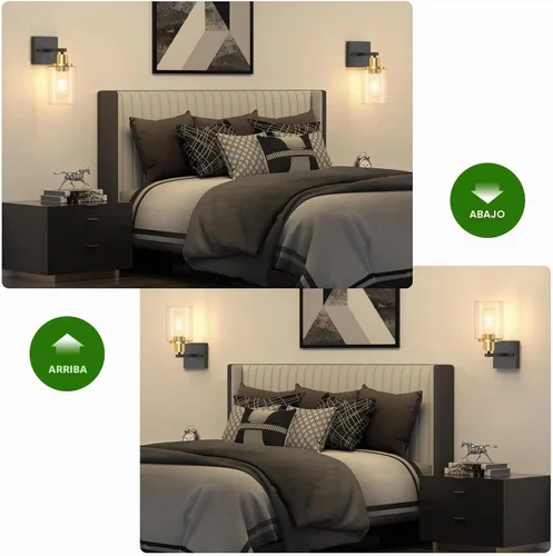 Vista 4 de Licperron Juego de 2 apliques de pared negros y dorados con pantalla de vidrio transparente, accesorios de luz de tocador mate negros, luces