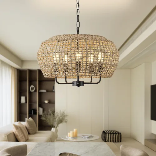 Vista 3 de Lámpara de araña de ratán bohemio de 20 pulgadas para comedor, 5 luces tejidas a mano de ratán natural con cadena ajustable, enchufes E12