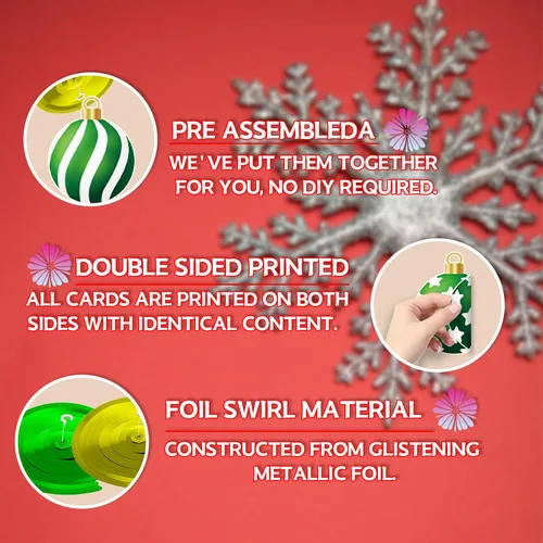 Vista 5 de YQUQWN 48 piezas de adornos colgantes de Navidad en espiral - Bolas de alce con copos de nieve en rojo, verde y dorado para fiestas navideñas, árbol