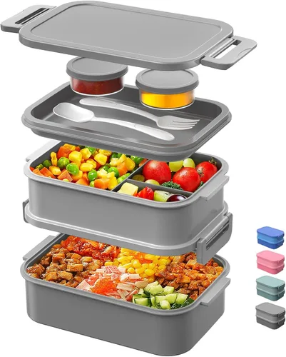 Vista 9 de DaCool Lonchera Bento para adultos, caja Bento de 74 onzas, contenedor apilable todo en uno para adultos, caja Bento grande con tenedor, cuchara