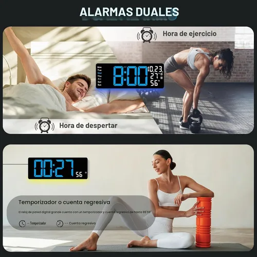 Vista 6 de JoFomp Reloj de pared digital grande de 17.3 pulgadas, reloj digital LED con control remoto, reloj despertador con Azul